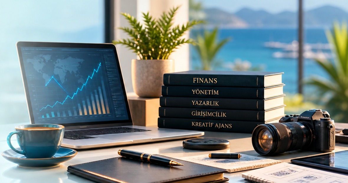 Finans, yazarlık ve kreatif üretimi temsil eden çalışma masası görseli